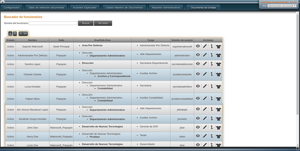 Funcionalidad Buscador de Funcionarios Rol Administrador, Docxflow, Sistema de Gestión Documental