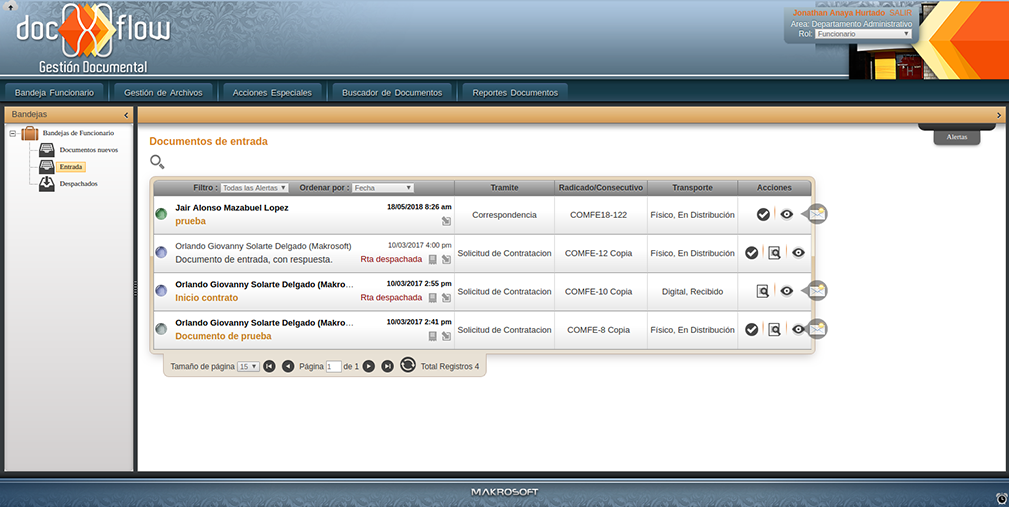 Bandeja de Entreda Rol Funcionario, Docxflow, Sistema de Gestión Documental